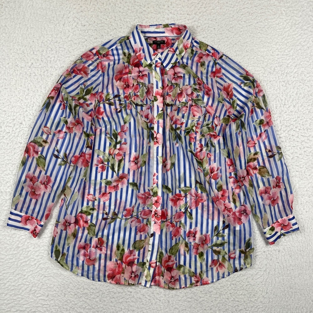 Talbots Button Down Shirt Womens 1X Blue Pink Floral Striped Sheer Preppy Blouse